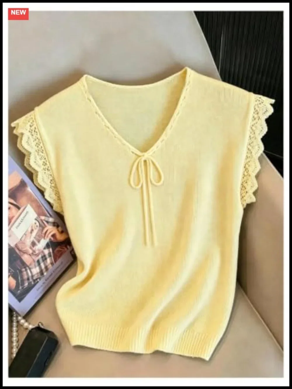 V Neck Cap Sleeve Lace Knit Pullover Top